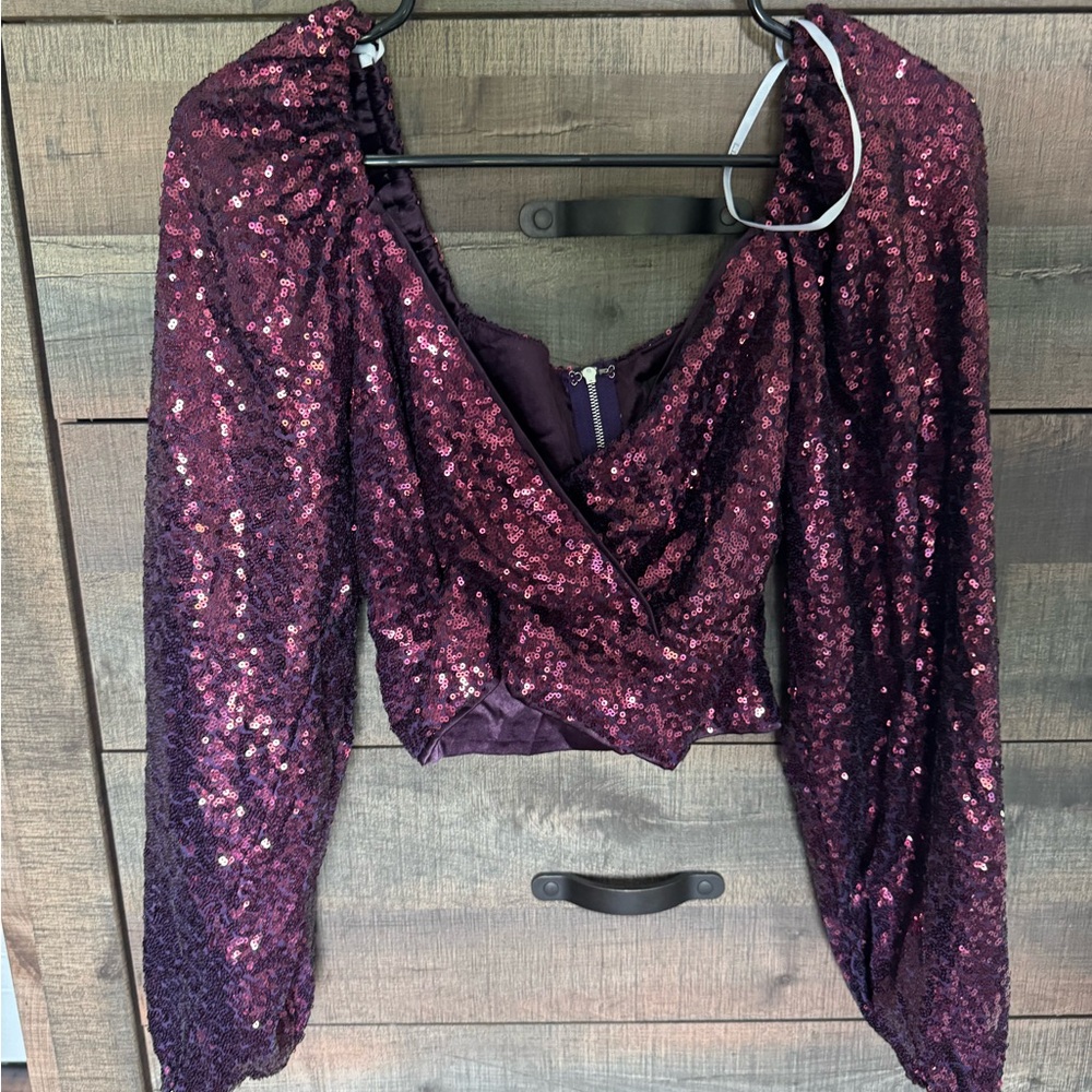 Lulu's Purple Sequin Wrap Blouse with Long Sleeves